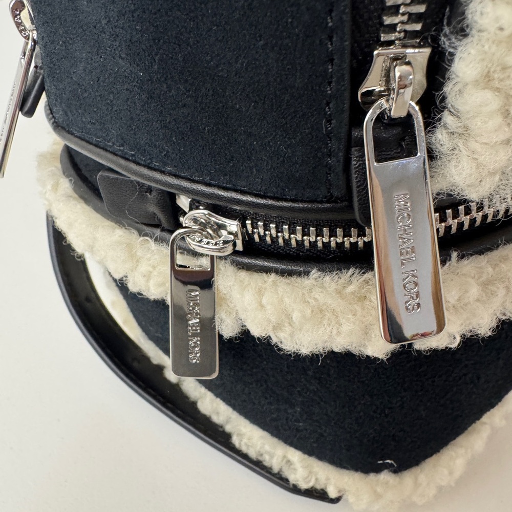 Michael Kors Rhea Medium Suede Leather and Faux Shearling Backpack in Black - Picture 8 of 12